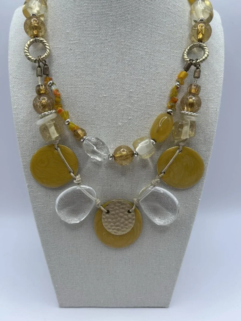 Chico’s Statement Bib Necklace Yellow Amber Beads Clear Drops GLows UV Light
